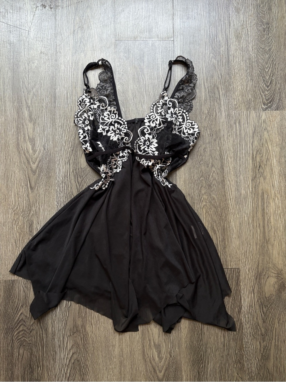 Black Lace Babydoll Dress | White Floral Embroidery